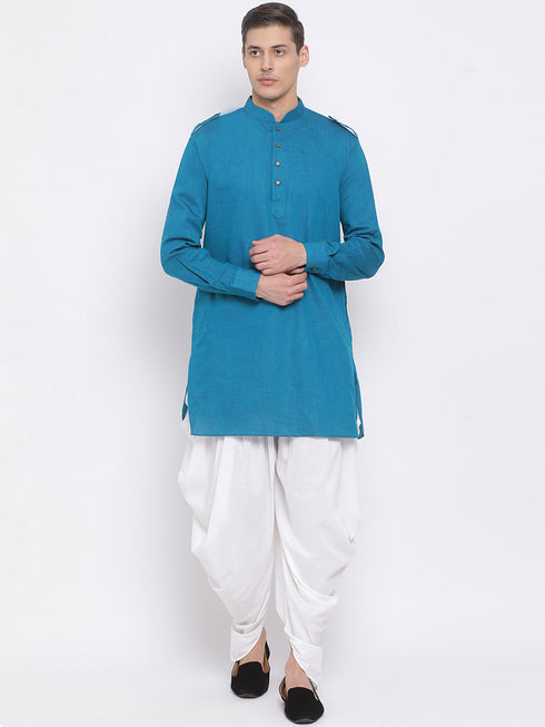 Vastramay Men's Turquoise Blue Cotton Blend Kurta and White Dhoti Set